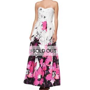 Milly Ava Pink Printed Floral Grosgrain Black Tie Strapless Gown Dress NWT